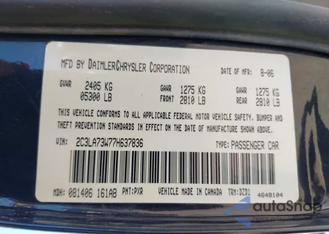 2007 Chrysler 300C Srt8 из США, поврежденный, VIN 2C3LA73W77H637836